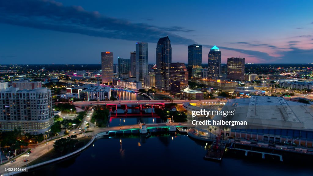 Drone Shot of Downtown Buildings in Tampa, Florida in Pre-Dawn Twilight