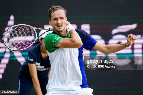Daniil Medvedev of Russia plays a forehand during the Mens Singles Quarter Finals match against Ilya Ivashka of Belarus during Day 5 of the Libema...