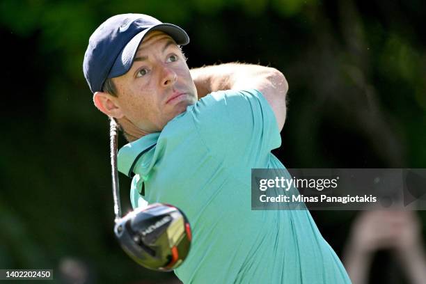 Rory McIlroy of Northern Ireland plays his shot from the 17th tee during the second round of the RBC Canadian Open at St. George's Golf and Country...