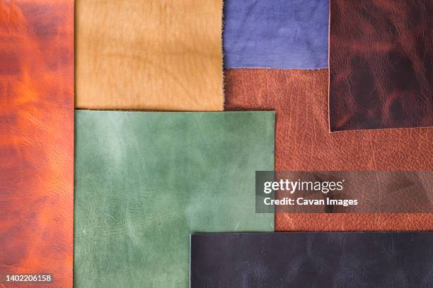 pieces of the colored leathers. raw materials for manufacture - zapato de cuero fotografías e imágenes de stock