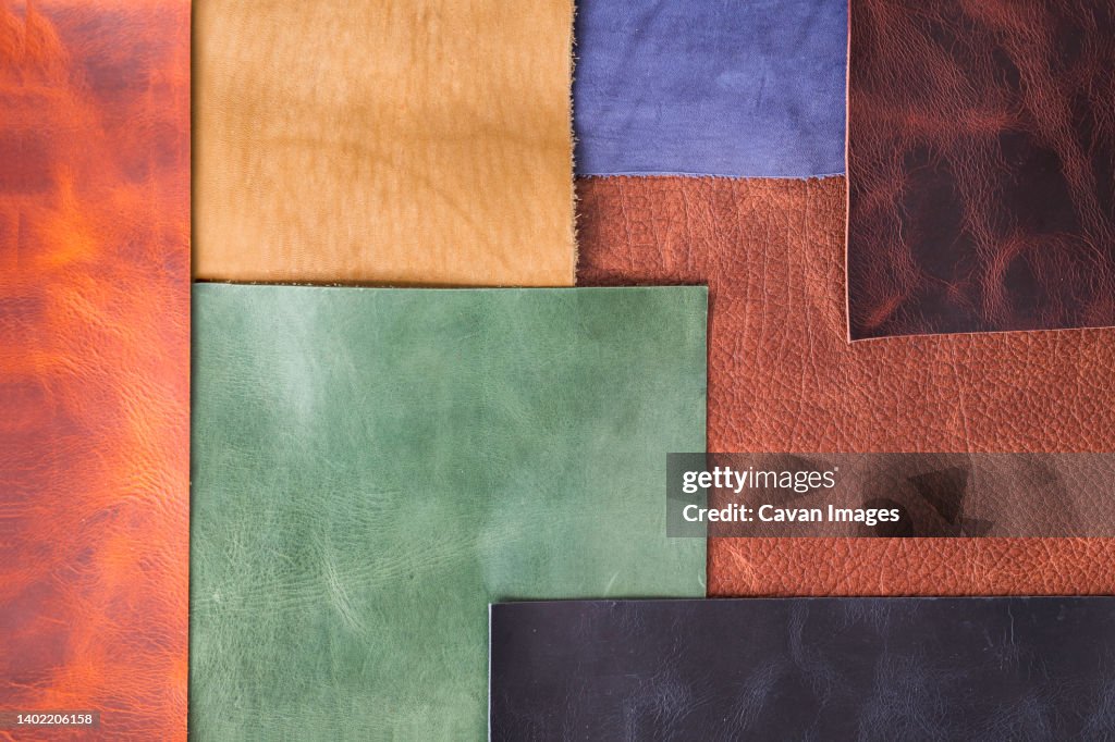 Pieces of the colored leathers. Raw materials for manufacture