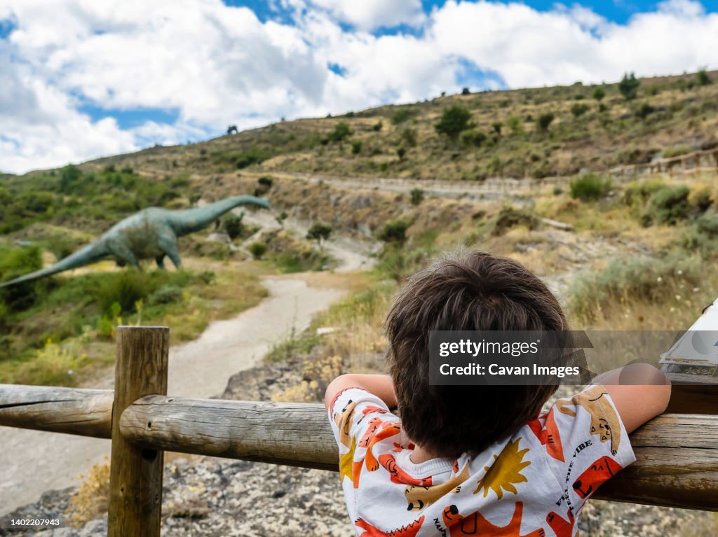 Boy looking at dinosaur leaning on a fence