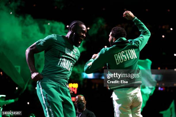 Jaylen Brown and Jayson Tatum of the Boston Celtics react during team introductions prior to Game Four of the 2022 NBA Finals against the Golden...
