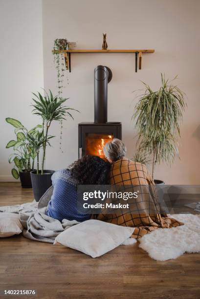 rear view of granddaughter and grandmother sitting in front of fireplace at home - family livingroom stock-fotos und bilder