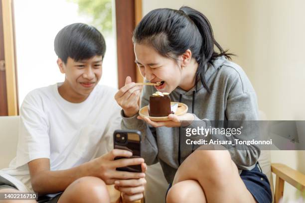 teenager brother and sister take a selfie - asian twins stockfoto's en -beelden