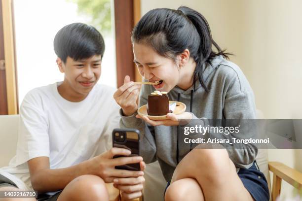 teenager brother and sister take a selfie - asian twins 個照片及圖片檔