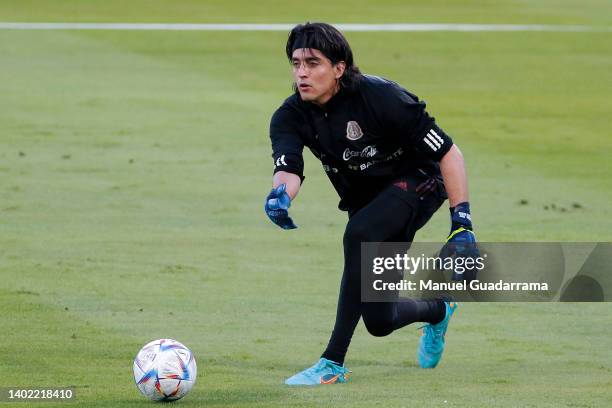 Carlos Acevedo goalkeeper of Mexico throws the ball during trainning session ahead the Nations League game between Mexico and Surinam at Corona...