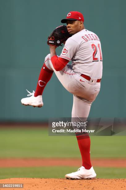 Starting pitcher Hunter Greene of the Cincinnati Reds throws against the Boston Red Sox during the first inning at Fenway Park on June 01, 2022 in...