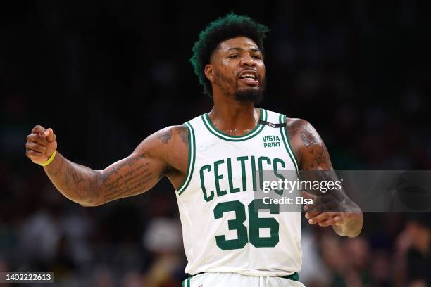 Marcus Smart of the Boston Celtics reacts to a play in the third quarter against the Golden State Warriors during Game Four of the 2022 NBA Finals at...