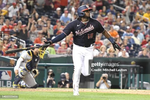 Josh Bell of the Washington Nationals hits a three run home run in the sixth inning during a baseball game against the Milwaukee Brewers at Nationals...