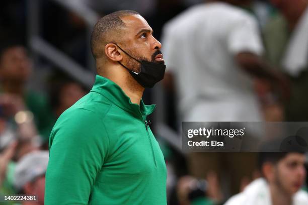 Head coach Ime Udoka of the Boston Celtics looks on in the third quarter against the Golden State Warriors during Game Four of the 2022 NBA Finals at...