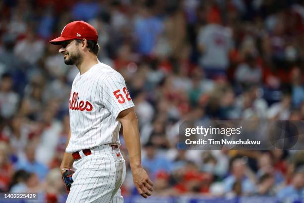 Brad Hand of the Philadelphia Phillies looks on during the seventh inning against the Arizona Diamondbacks at Citizens Bank Park on June 10, 2022 in...