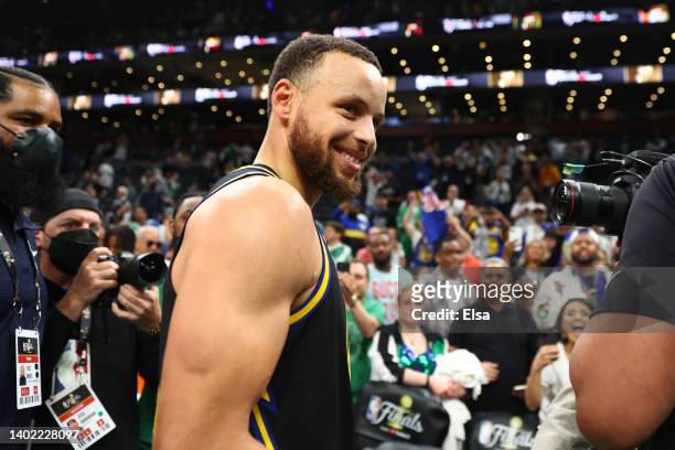 Stephen Curry of the Golden State Warriors celebrates the 107-97 win against the Boston Celtics after Game Four of the 2022 NBA Finals at TD Garden...