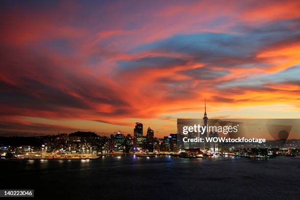 city sunset - auckland waterfront stock pictures, royalty-free photos & images