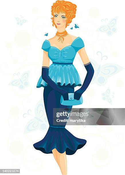 mode frau im blauen kleid - blue blouse stock-grafiken, -clipart, -cartoons und -symbole