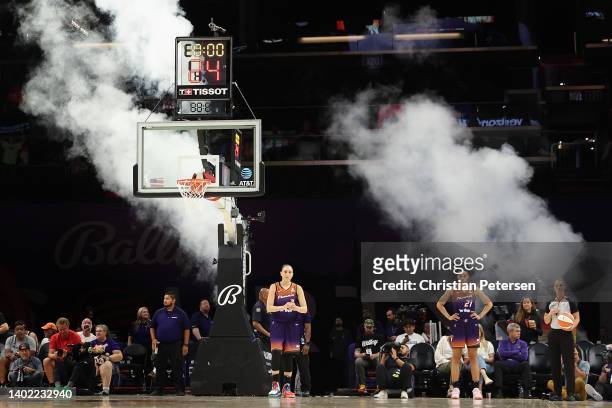 Diana Taurasi and Brianna Turner of the Phoenix Mercury stand on the court during a timeout in the second half of the WNBA game against the Atlanta...
