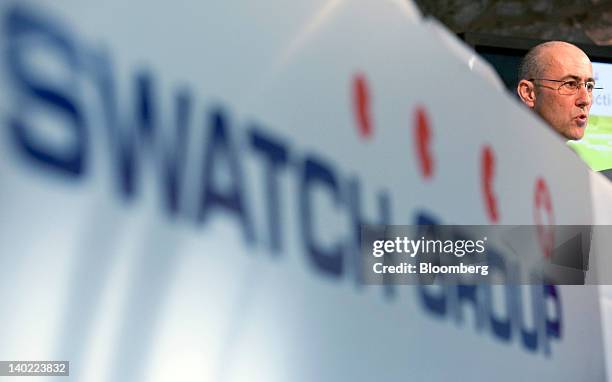 Thierry Kenel, chief financial officer of Swatch Group AG, speaks during the company's results news conference in Geneva, Switzerland, on Thursday,...