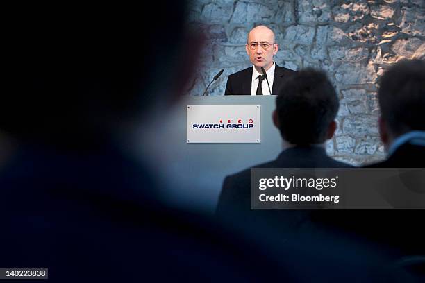 Thierry Kenel, chief financial officer of Swatch Group AG, speaks during the company's results news conference in Geneva, Switzerland, on Thursday,...