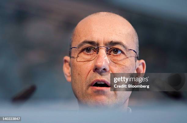 Thierry Kenel, chief financial officer of Swatch Group AG, speaks during the company's results news conference in Geneva, Switzerland, on Thursday,...