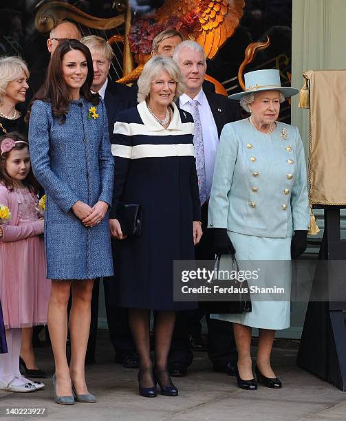 Catherine, Duchess Of Cambridge and Camilla Duchess Of Cornwall and Queen Elizabeth II visit the department store Fortnum & Mason on March 1, 2012 in...