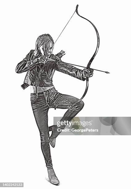 mid adult woman aiming bow and arrow - bow arrow stock illustrations