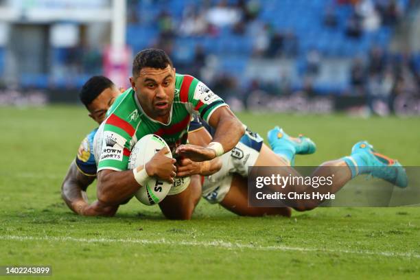 Alex Johnston of the Rabbitohs scores a try during the round 14 NRL match between the Gold Coast Titans and the South Sydney Rabbitohs at Cbus Super...