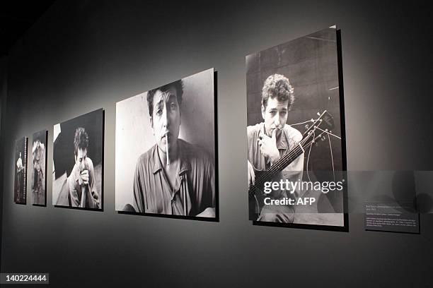 Pictures of US singer and songwriter Bob Dylan are displayed on March 1, 2012 at the Cite de la Musique during a exhibition recounted five decisive...