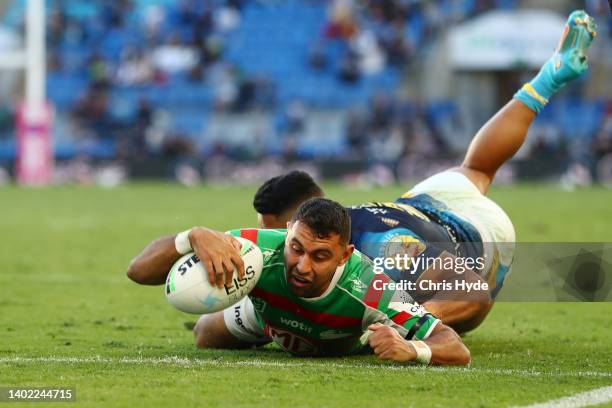 Alex Johnston of the Rabbitohs scores a try during the round 14 NRL match between the Gold Coast Titans and the South Sydney Rabbitohs at Cbus Super...