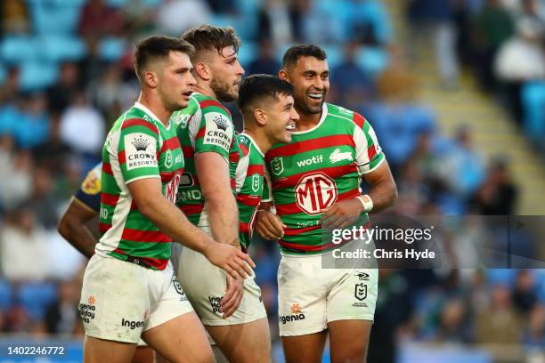 Alex Johnston of the Rabbitohs celebrates a try during the round 14 NRL match between the Gold Coast Titans and the South Sydney Rabbitohs at Cbus...