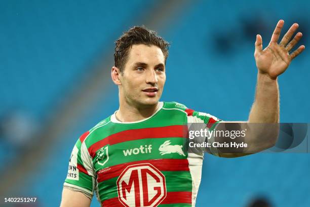 Cameron Murray of the Rabbitohs celebrates winning during the round 14 NRL match between the Gold Coast Titans and the South Sydney Rabbitohs at Cbus...