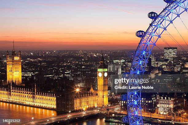 nightshot london eye, big ben houses of parliament - ruota panoramica foto e immagini stock