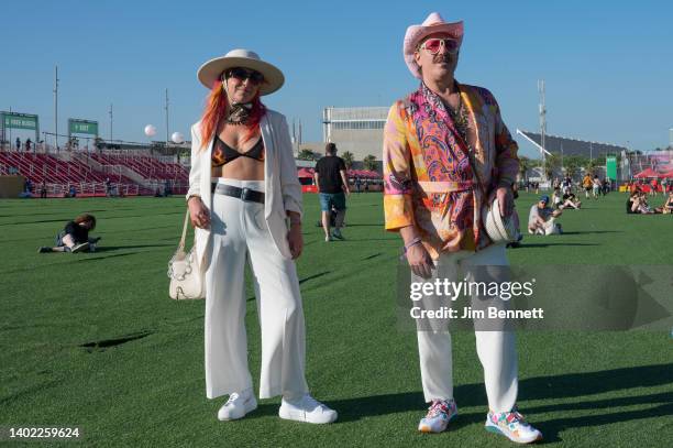 Audience members show of their spring fashion during Primavera Sound 2022 on June 10, 2022 in Barcelona, Spain.