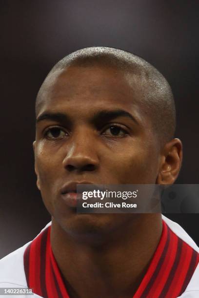 Ashley Young of England looks on prior to the international friendly match between England and Netherlands at Wembley Stadium on February 29, 2012 in...