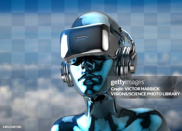 person wearing a virtual reality headset, illustration - virtual library stock illustrations