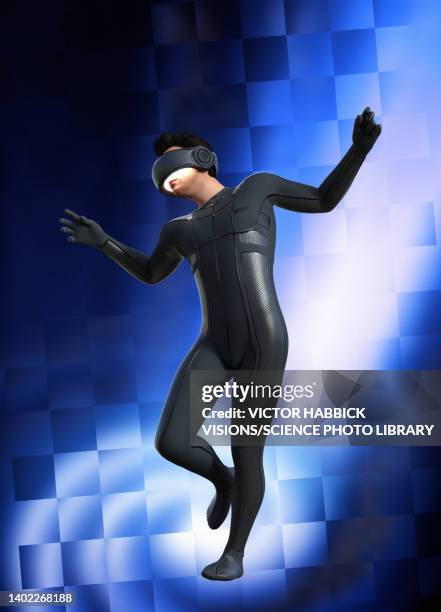 man wearing a virtual reality headset, illustration - man vr headset stock illustrations