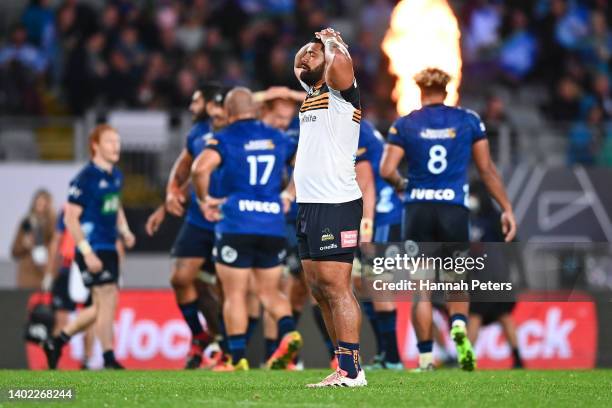Scott Sio of the Brumbies look on in disappointment after the final whistle during the Super Rugby Pacific Semi Final match between the Blues and the...