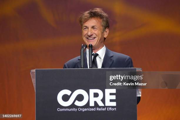 Sean Penn speaks onstage during CORE Gala 2022: A Gala Dinner To Benefit CORE's Crisis Response Efforts Across The World at Hollywood Palladium on...