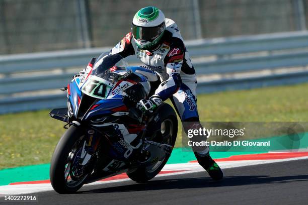 Eugene Laverty of Ireland and Bonovo Action BMW during Superpole of FIM Superbike World Championship Pirelli Emilia-Romagna Round at Misano World...