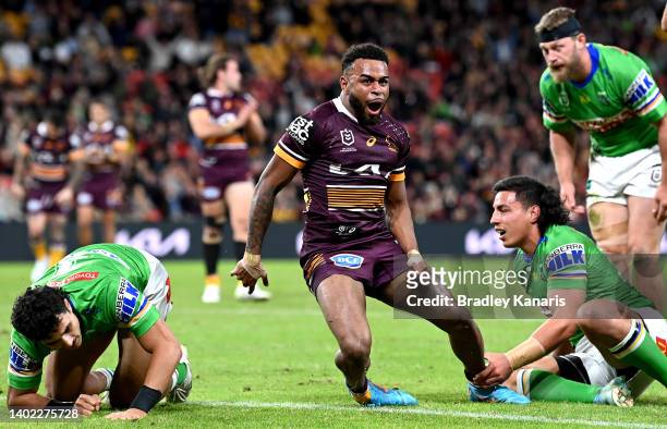 Ezra Mam of the Broncos celebrates scoring a try during the round 14 NRL match between the Brisbane Broncos and the Canberra Raiders at Suncorp...