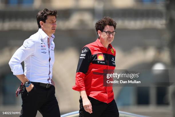 Scuderia Ferrari Team Principal Mattia Binotto and Mercedes GP Executive Director Toto Wolff walk in the Paddock prior to final practice ahead of the...