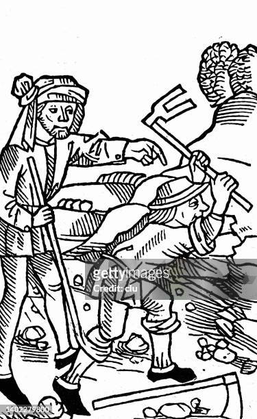 stockillustraties, clipart, cartoons en iconen met supervisor and field worker in the 15th century - circa 15th century