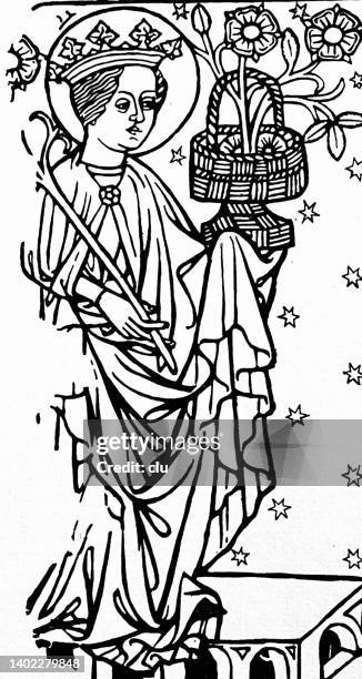 stockillustraties, clipart, cartoons en iconen met holy dorothea with a basket of roses, 15th century - martyr