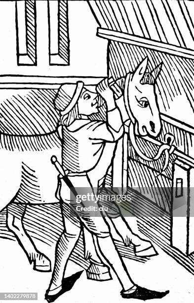 worker grooms a horse, 15th century - jockey pattern stock illustrations