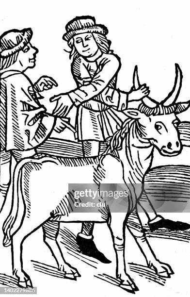 mann verkauf einer kuh an einen anderen mann, der handschlag, 15. jahrhundert - mittelaltermarkt stock-grafiken, -clipart, -cartoons und -symbole