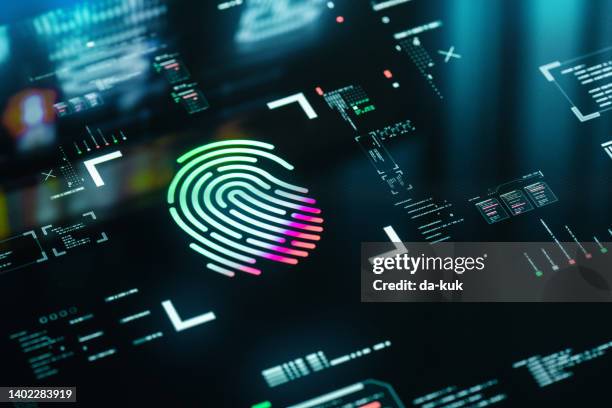 schaltfläche "biometrische authentifizierung". digitales sicherheitskonzept - digitale authentifizierung stock-fotos und bilder