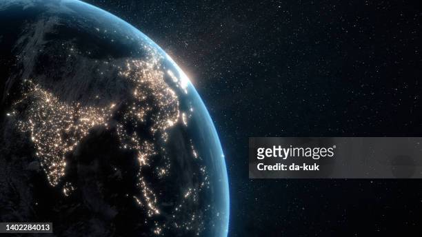 planet earth at night with city light illumination. view from space. 3d render - space station 個照片及圖片檔