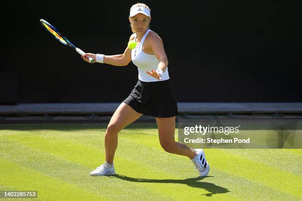 Katie Swan of Great Britain plays a forehand against Donna Vekic of Croatia during the qualifying match on Day One of the Rothesay Classic Birmingham...