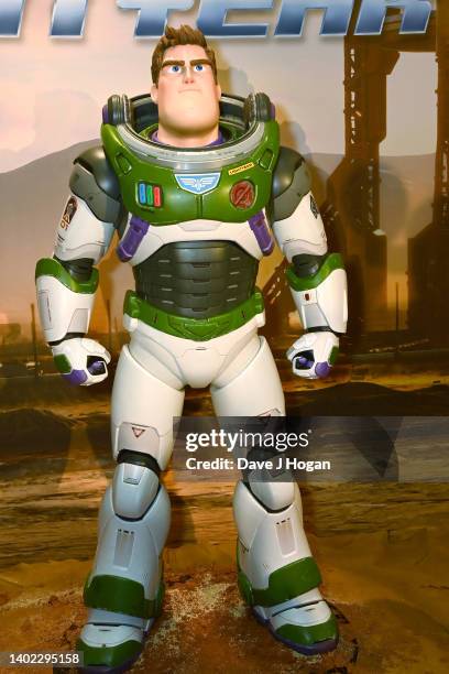 The Buzz Lightyear character during Disney & Pixar's VIP Family Screening of "Lightyear" at Odeon Luxe Leicester Square on June 11, 2022 in London,...