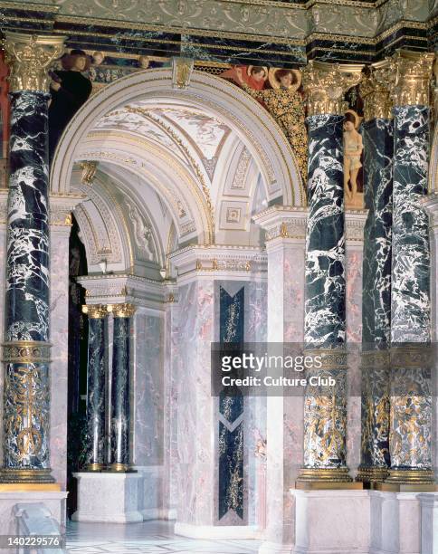 Interior of the Kunsthistorisches Museum in Vienna, detail depicting archway and the spandrel decoration of figures depicting the Italian...