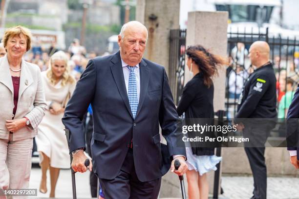 The Mayor of Oslo Marianne Borgen and King Harald of Norway attend the opening ceremony for the Norwegian National Museum on June 11, 2022 in Oslo,...